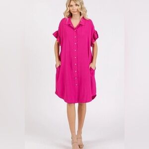 Mittoshop Button Down Flounce Sleeve Dress with Pockets